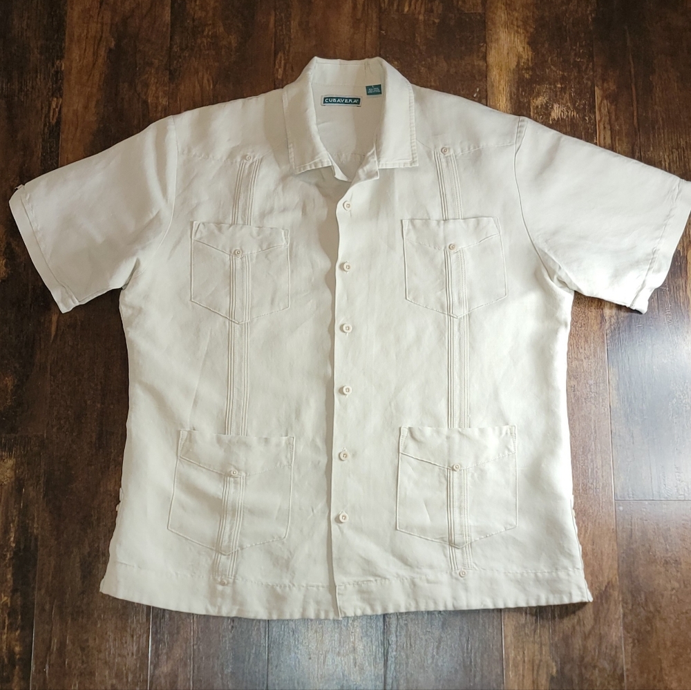 Cubavera Guayabera Shirt, Large, Tan Color, Button Up 4 Pockets Short Sleeve